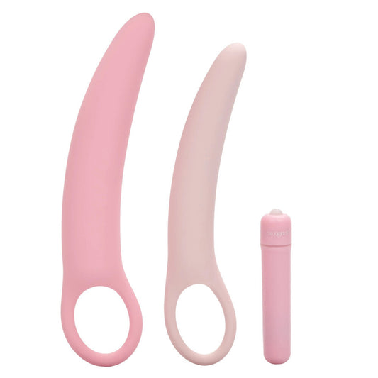 Three smooth, graduated silicone dilators in pink and purple, for kegel exercise aid