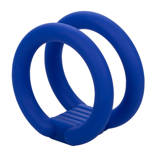 California Exotic Admiral dual cock cage in silver metal, a love ring for couples.