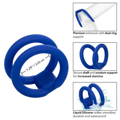 Silver-tone metal dual cock cage from California Exotic, a love ring for intimate play.