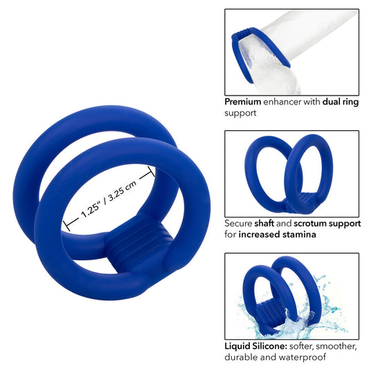 Silver-tone metal dual cock cage from California Exotic, a love ring for intimate play.