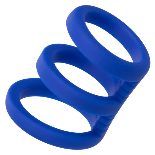 silver-tone metal cock cage love ring from california exotic, triple-ring design