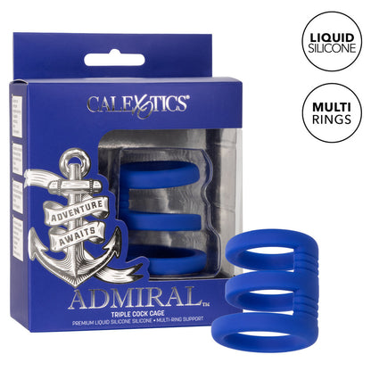 California Exotic Admiral triple cock cage, shiny silver metal love ring for restraint.