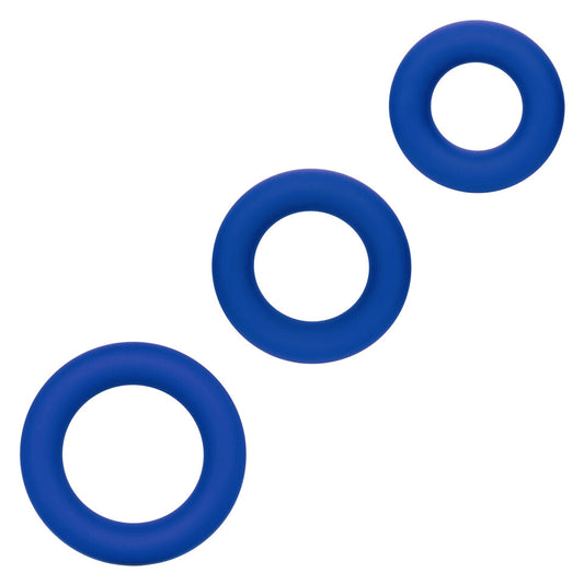 A set of three blue cock rings by california exotic, made from flexible material for love play.