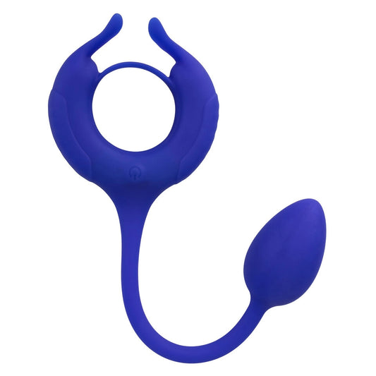 Weighted cock ring and egg set from California Exotic, silver-tone metal, adjustable for pleasure.