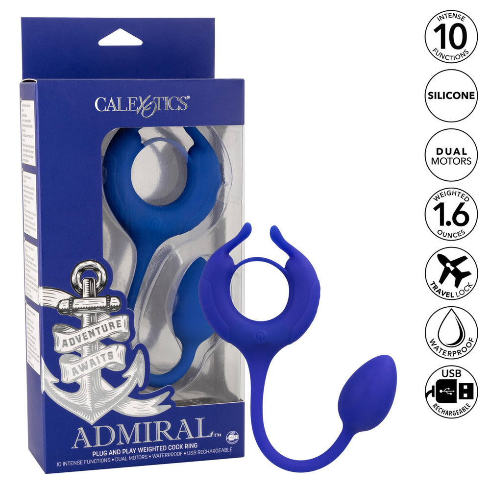 California Exotic Admiral weighted cock ring and egg, a silver pleasure aid with vibrating function.
