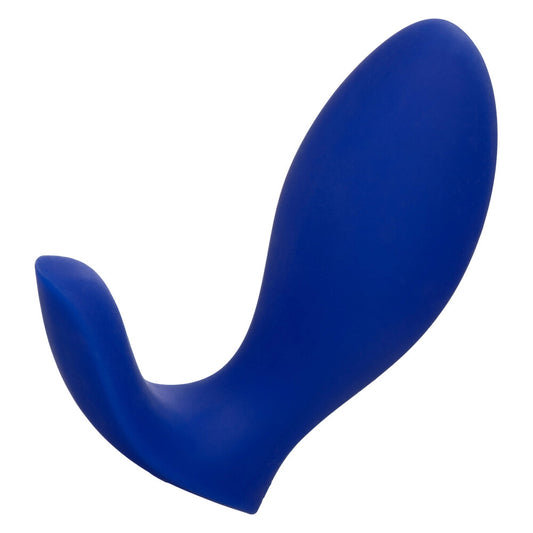 Close-up of a smooth, silver-coloured metal anal probe for prostate stimulation, by California Exotic.