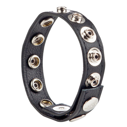 California Exotic colt leather love ring: black strap with metal cock and ball support.