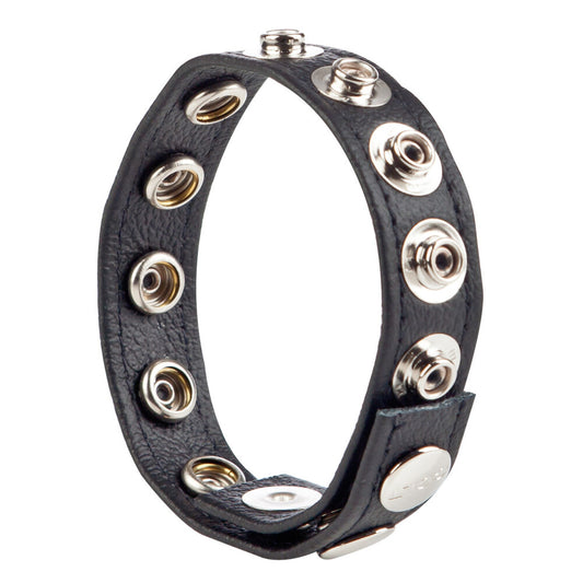 California Exotic colt leather love ring: black strap with metal cock and ball support.