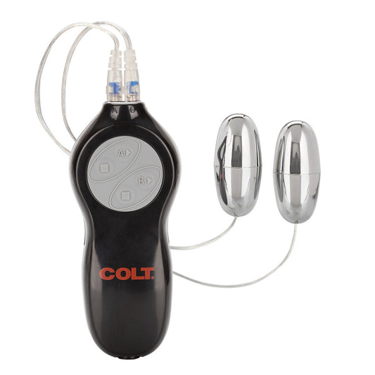 Pair of purple vibrating eggs, the 'COLT Twin Turbo Bullets' for internal stimulation.