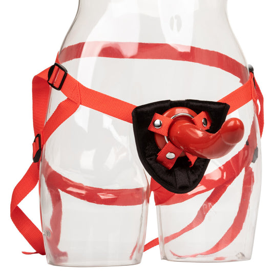 Scarlet red strap-on dildo from california exotic, designed for partner play, with adjustable straps.