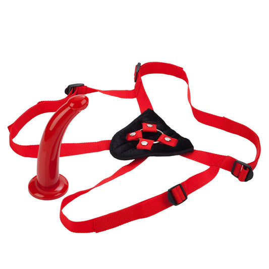The sophias red rider strap-on dildo, a vibrant red and realistically shaped sex toy.