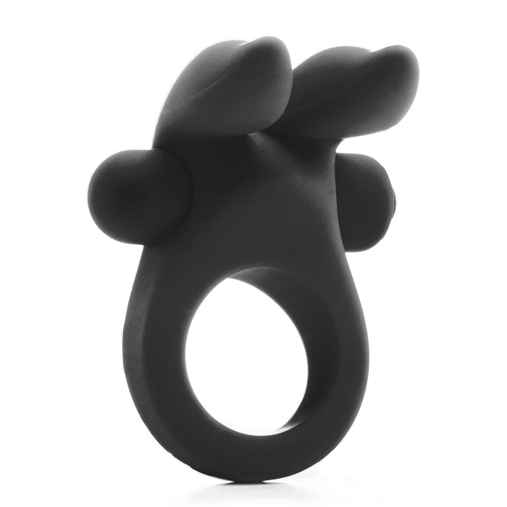 Black vibrating cockring with a rabbit-shaped stimulator for enhanced pleasure and love play.