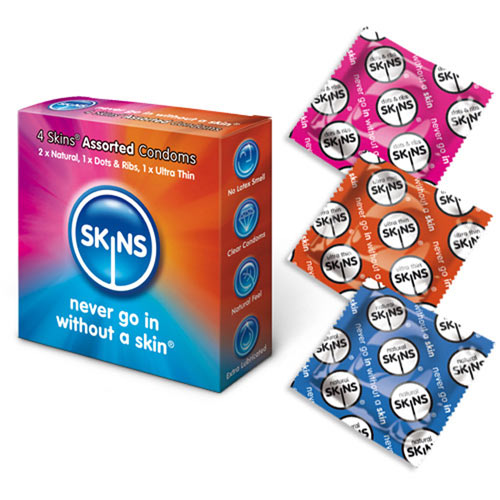 Skins condoms assorted four pack, natural and regular selection, for safe sex.