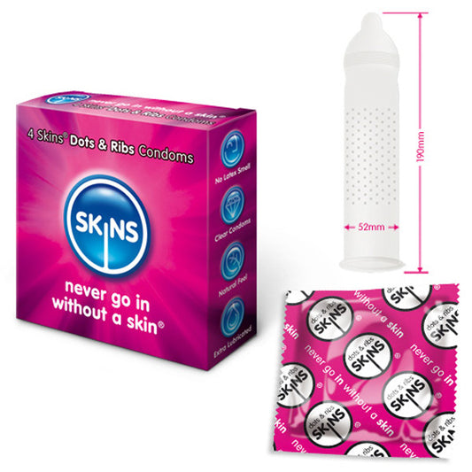 Close-up of a four-pack of skins condoms, with dots and ribs for added sensation.