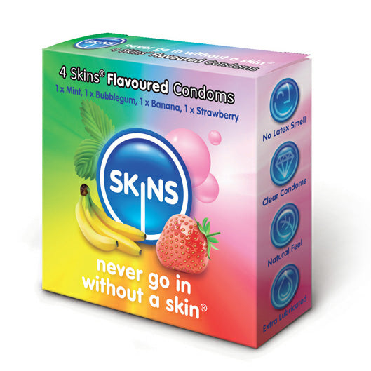 Four colourful, flavoured condoms from Skins, perfect for adding a bit of fun.