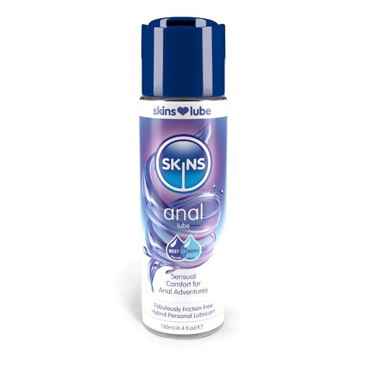 Bottle of skins anal hybrid lubricant, combining silicone and water-based for comfortable anal sex.
