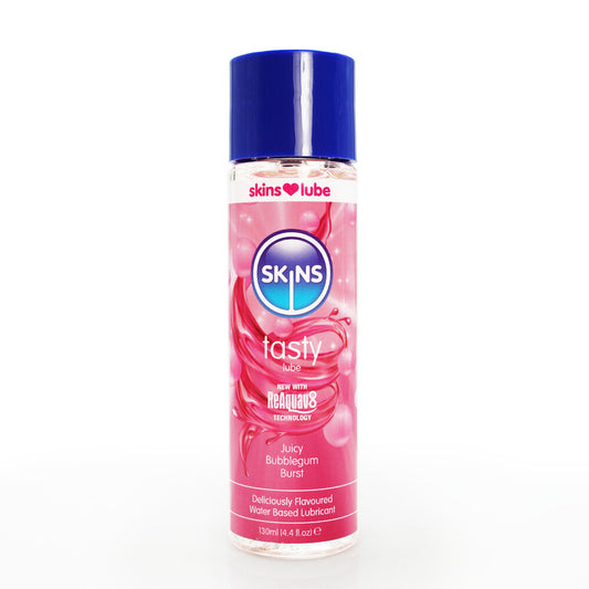 Skins juicy bubblegum blast lubricant, a clear, viscous fluid in a pink bottle for pleasure.