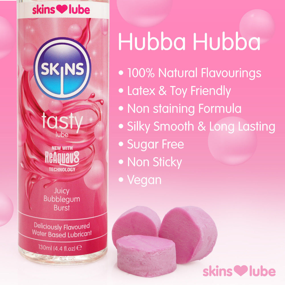 Bottle of Skins Juicy Bubblegum Blast lubricant, a pink water-based gel for intimate use.