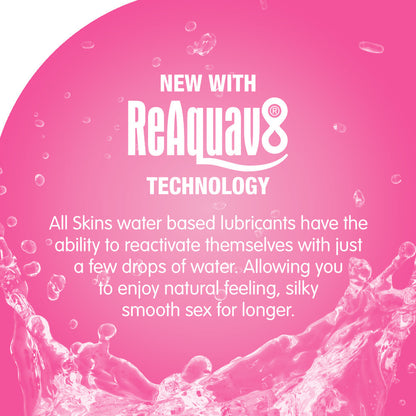 Skins juicy bubblegum blast water-based lubricant in a bright pink bottle, 130ml size.