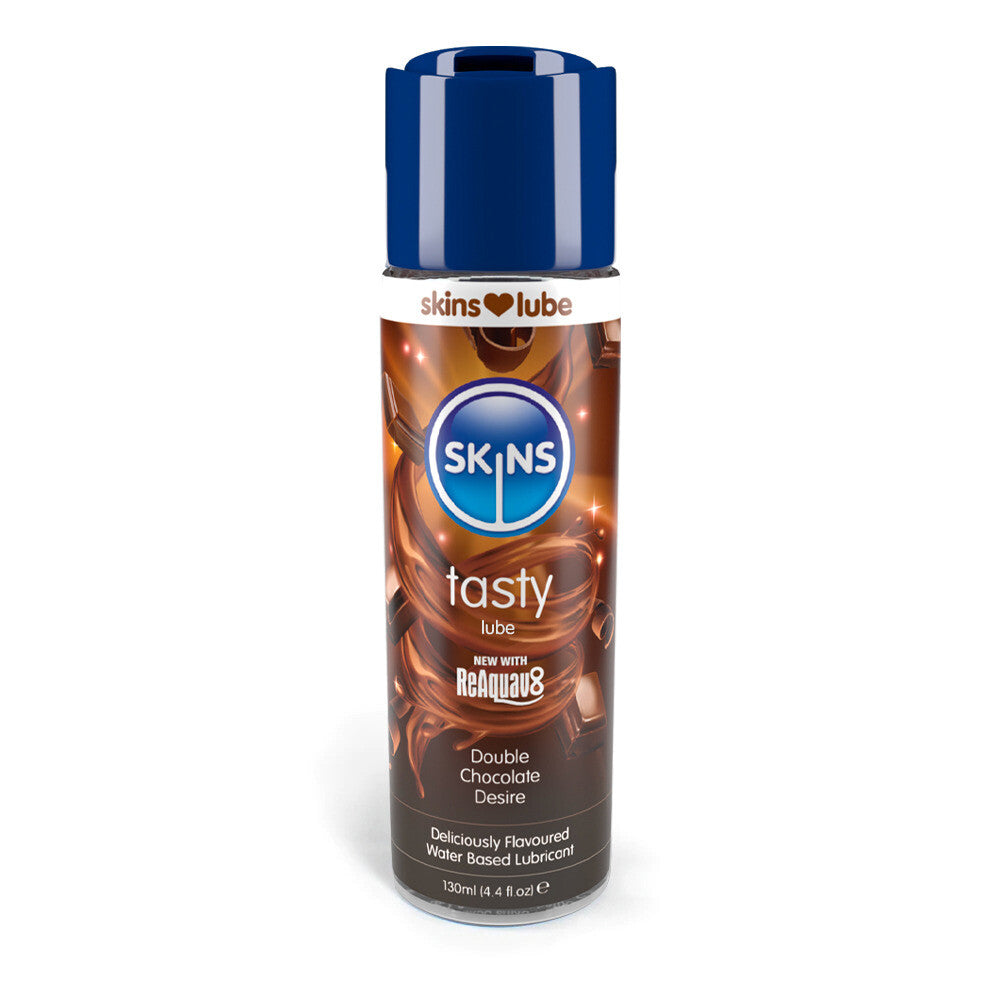 Skins Double Chocolate Desire lubricant in a dark brown bottle, great for intimate fun.