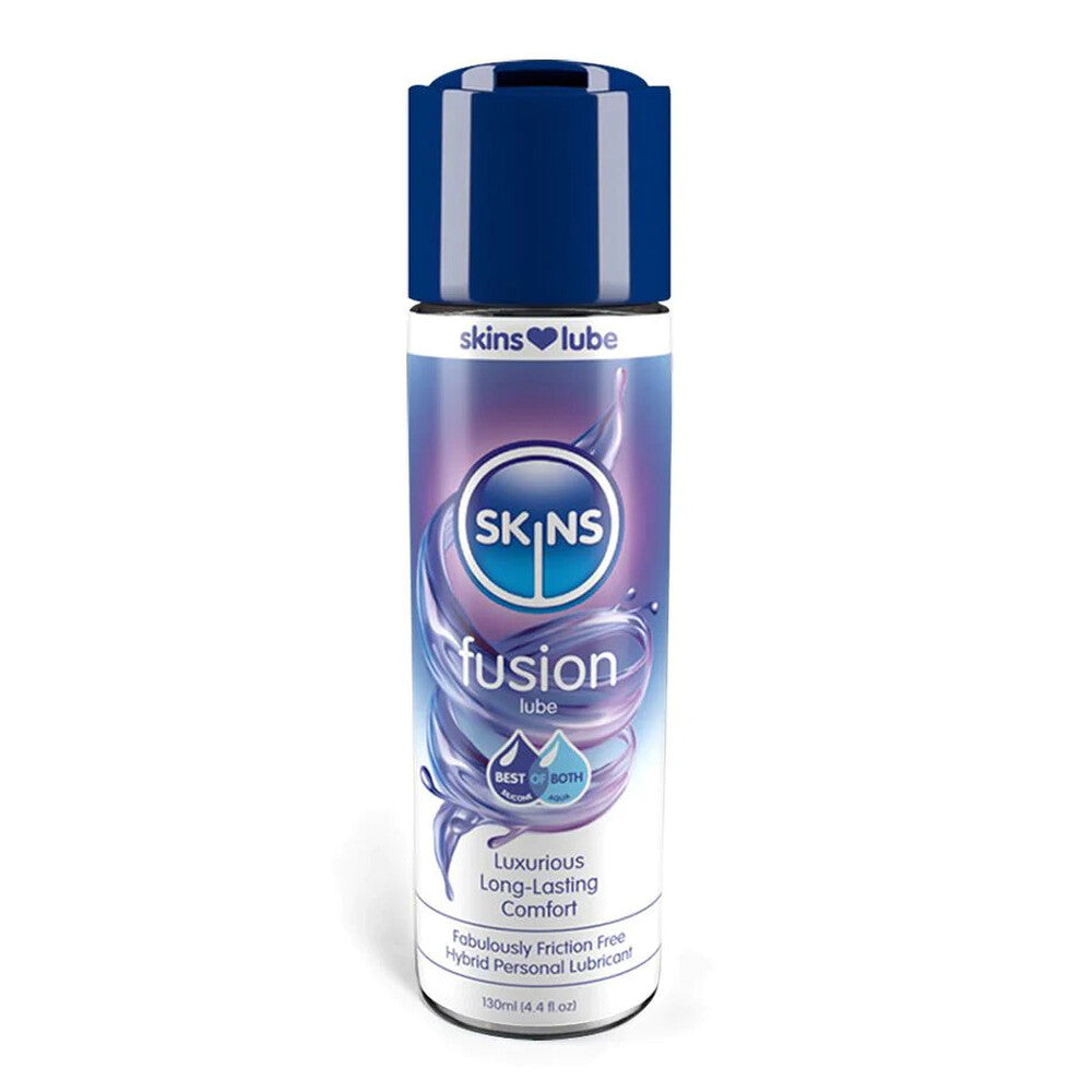 Skins Fusion Hybrid Lubricant 130ml bottle, a clear silicone and water-based sex lube.