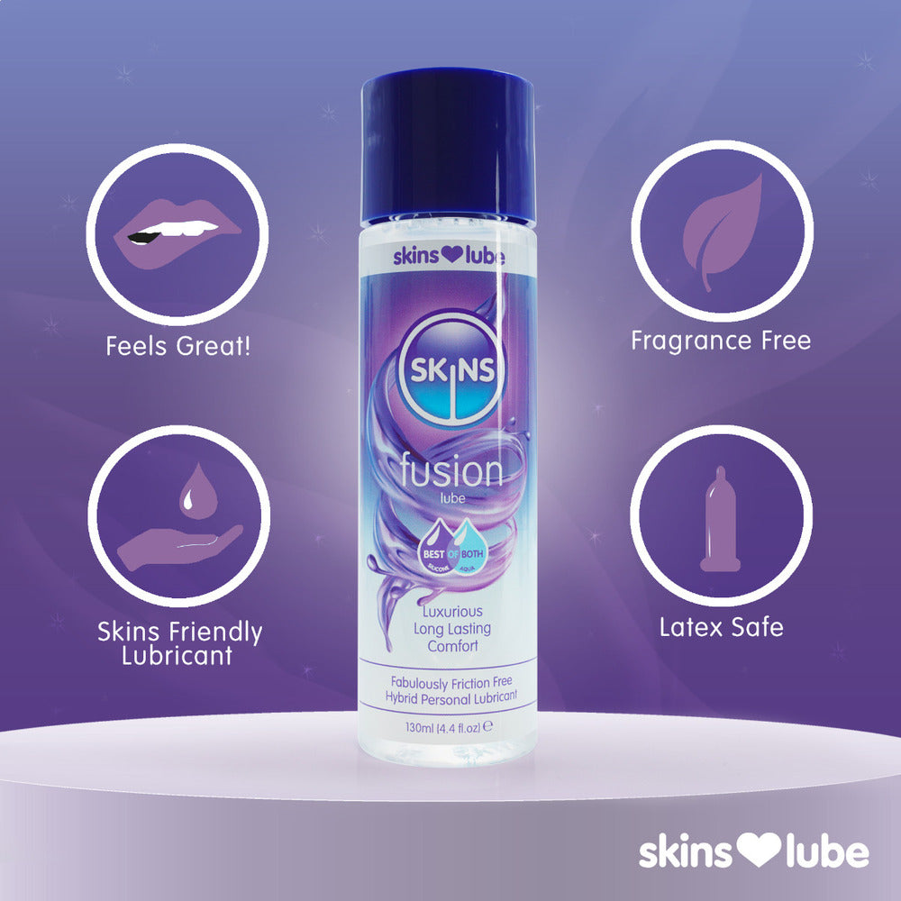 Skins Fusion hybrid lubricant in a 130ml bottle, silicone and water based blend.