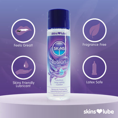 Skins Fusion hybrid lubricant in a 130ml bottle, silicone and water based blend.