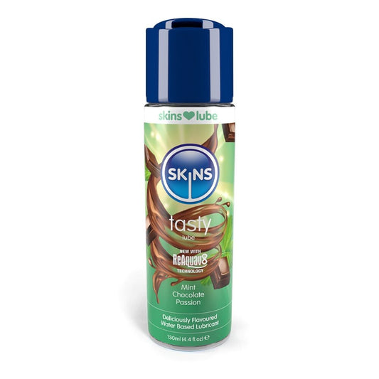 Skins Mint Chocolate Passion lubricant in a blue bottle, for enhanced pleasure.