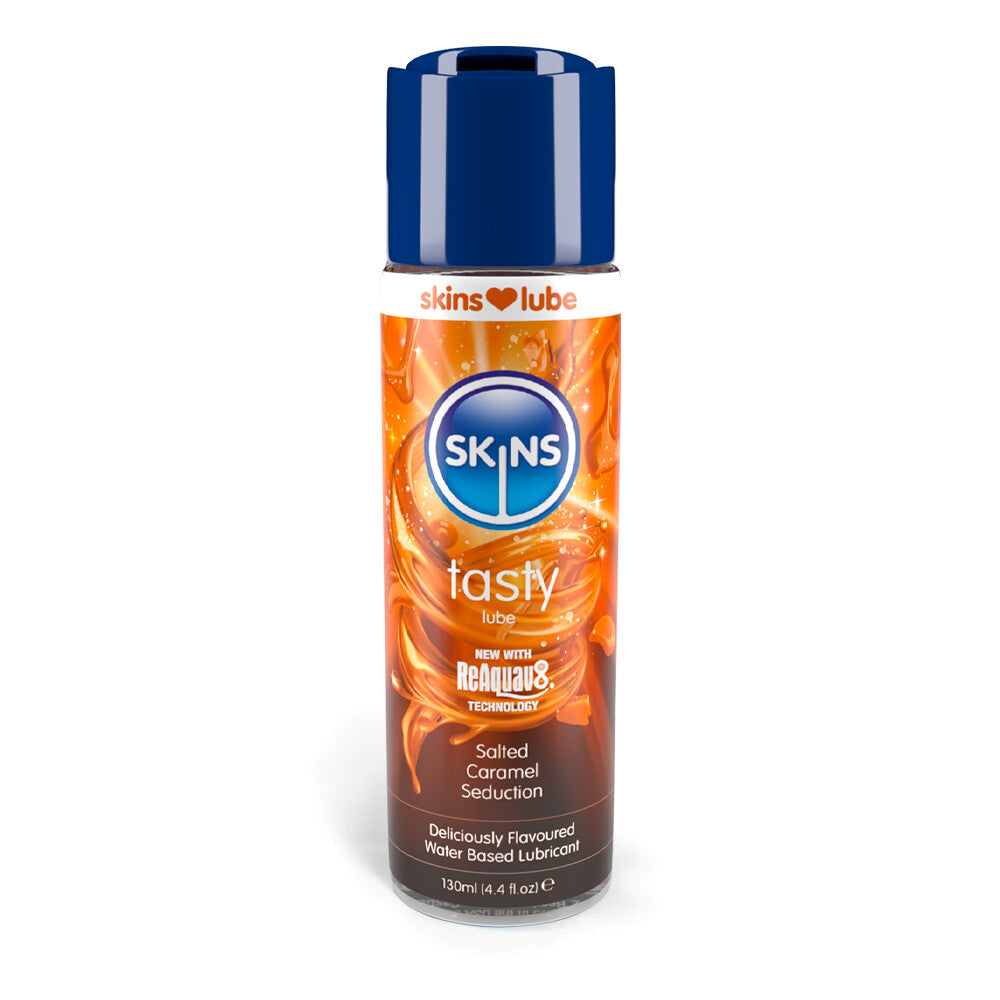 Skins salted caramel seduction water-based lubricant in a brown bottle, flavoured lubricant and oils