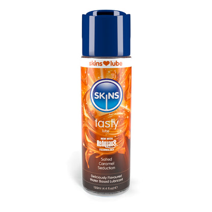 Skins salted caramel seduction water-based lubricant in a brown bottle, flavoured lubricant and oils