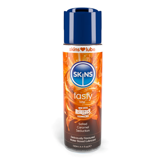 Skins salted caramel seduction water-based lubricant in a brown bottle, flavoured lubricant and oils