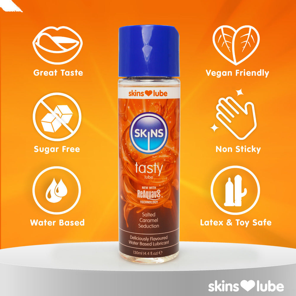 Skins Salted Caramel Seduction water-based lubricant in a brown bottle, for intimate use.