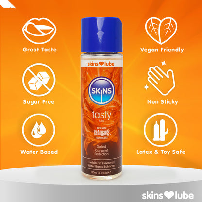 Skins Salted Caramel Seduction water-based lubricant in a brown bottle, for intimate use.