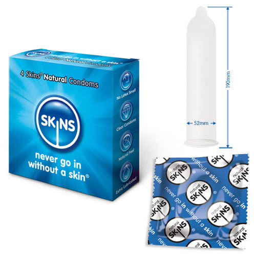 four pack of skins condoms in a natural, regular size for protection