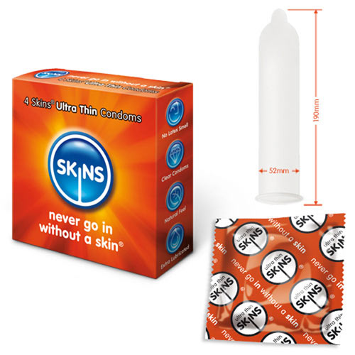 skins condoms ultra thin four pack, close-up showing the protective packaging and contents