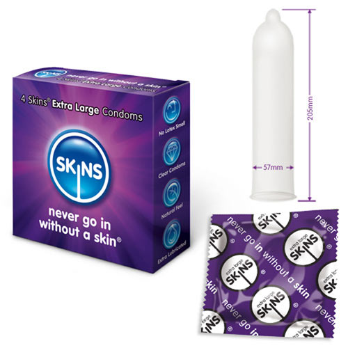 A four pack of skins condoms extra large, for a comfortable fit.