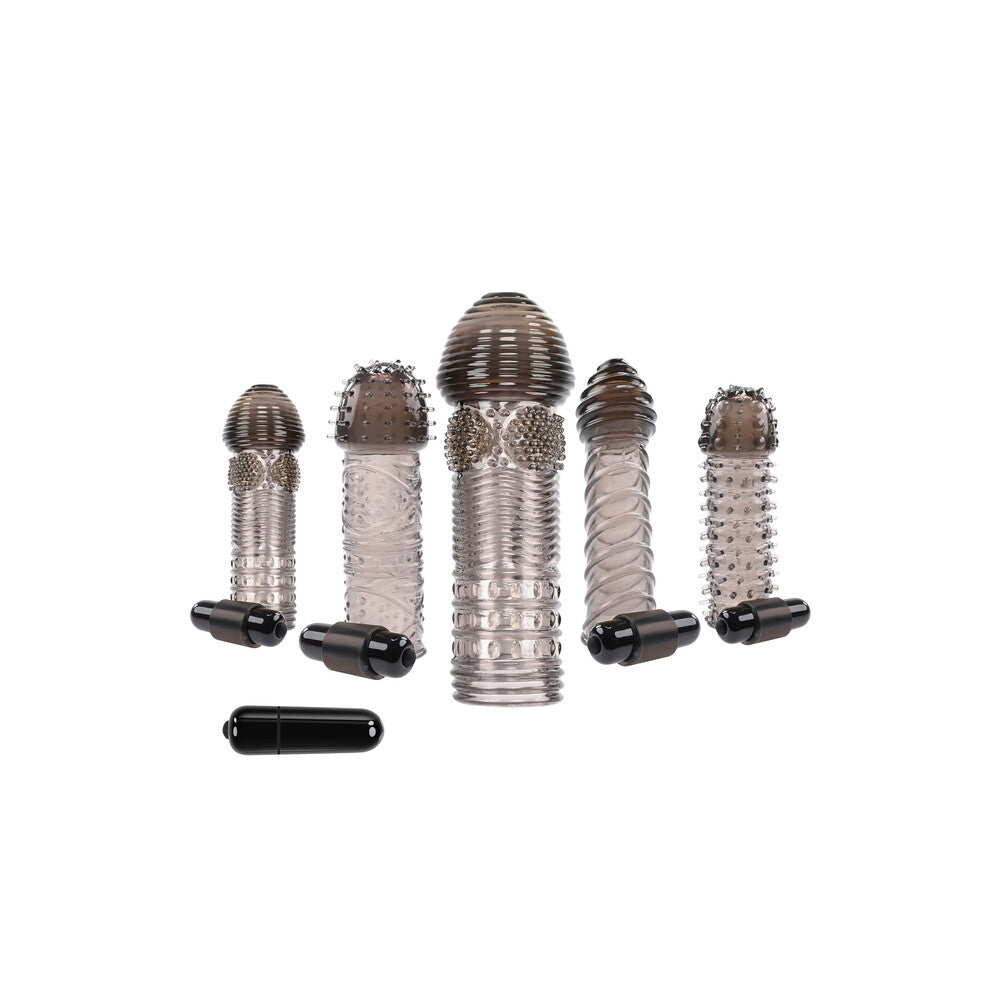 A selection of colourful, textured penis sleeves for choosing your next adventure.