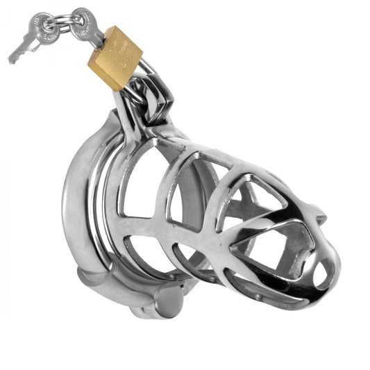 A stainless steel chastity cage from Kink Industries, designed for male chastity play.
