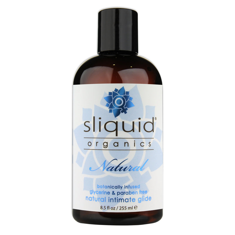 bottle of clear, natural intimate lubricant infused with botanicals by sliquid lubricants.