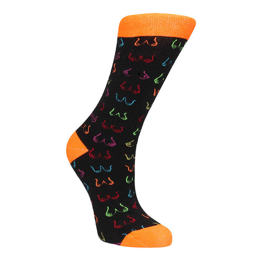 Shots Toys novelty socks with a playful 'free the titty' design, sizes 42 to 46.