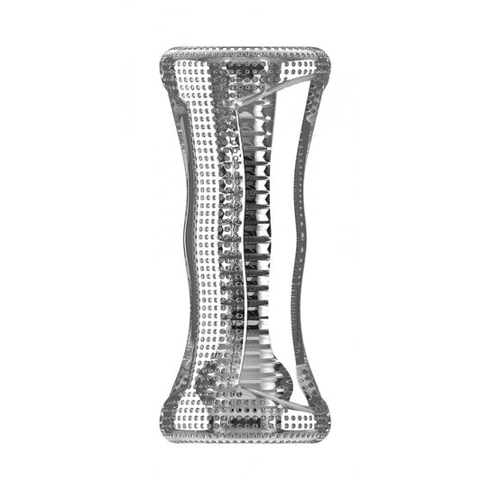 Transparent stroker from Shots Toys, a male masturbator providing a clear view of play.
