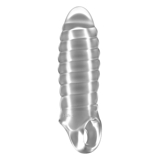 Transparent, stretchy penis extension from Shots Toys, designed for thickness and enhanced length.