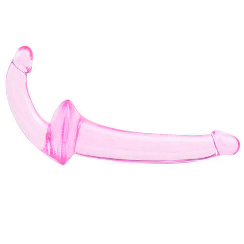 Double-ended pink strapless strap on dildo for shared pleasure, made by various toy brands.