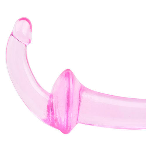Double-ended pink silicone strapless strap-on dildo for versatile pleasure, smooth finish.