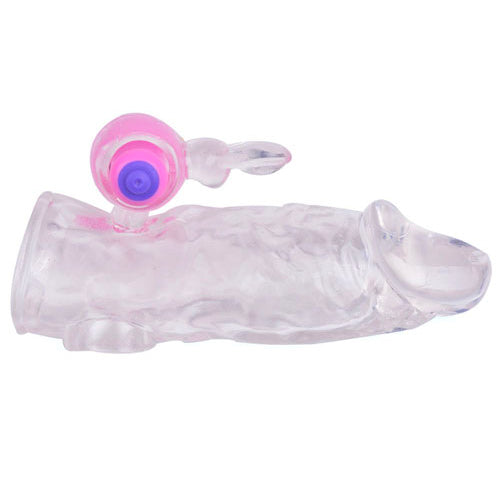 Clear vibrating penis sleeve with rabbit ears texture, a cock extender for added pleasure.