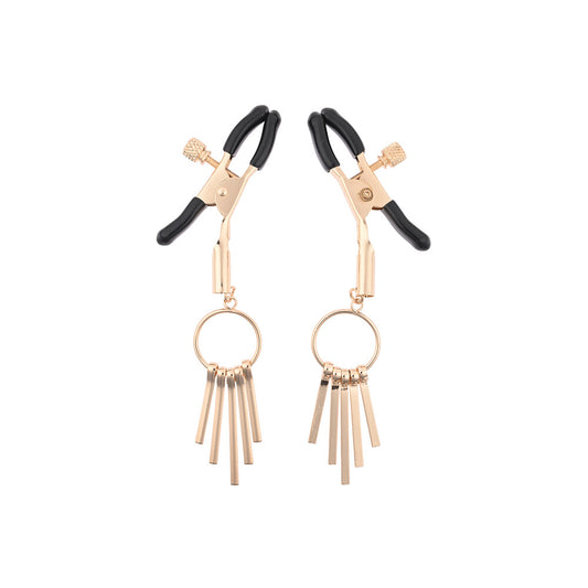Sportsheets verge nipple clamps, metal with adjustable screws for titillation, used for adult play.