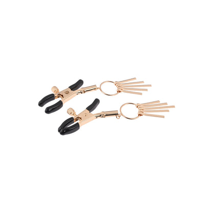 Sportsheets verge nipple clamps, silver metal with adjustable screws for playful bedroom fun.