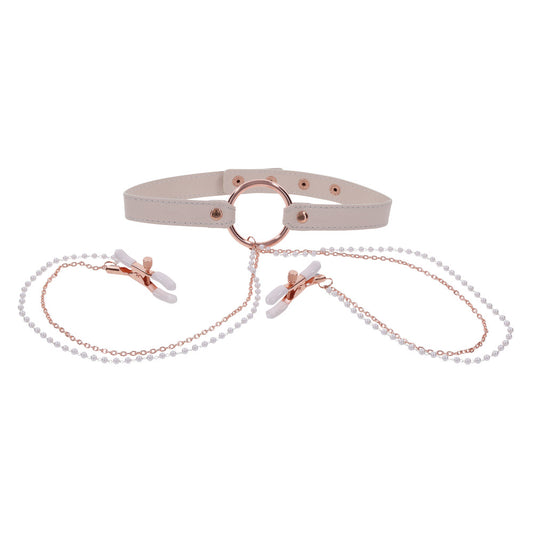 Sportsheets sex and mischief collar with attached silver nipple clamps for playful bondage.