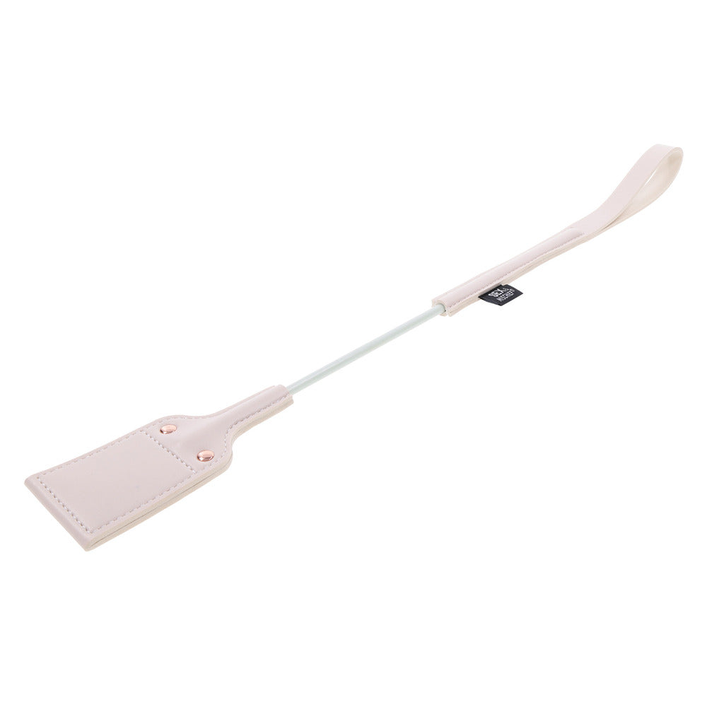 sportsheets impression crop, a black faux leather whip with silver metal detailing, whips tag.
