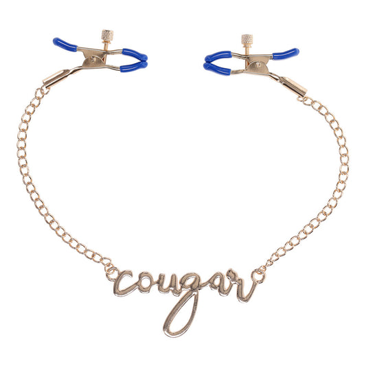 Close-up of the Sportsheets cougar nipple clamps, metal finish, for adult play.